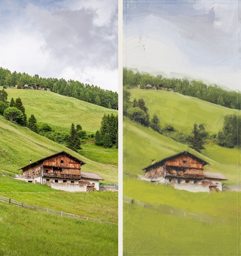 Alps farmhouse: photo and painting