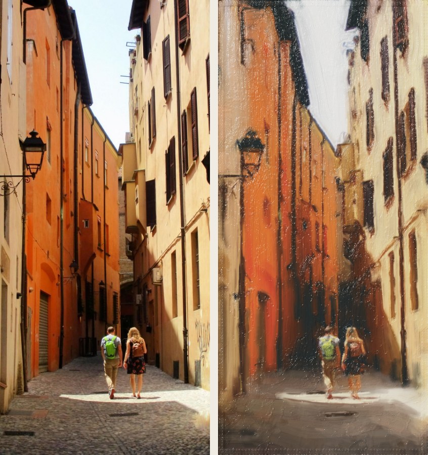 Bologna alley: photo and painting
