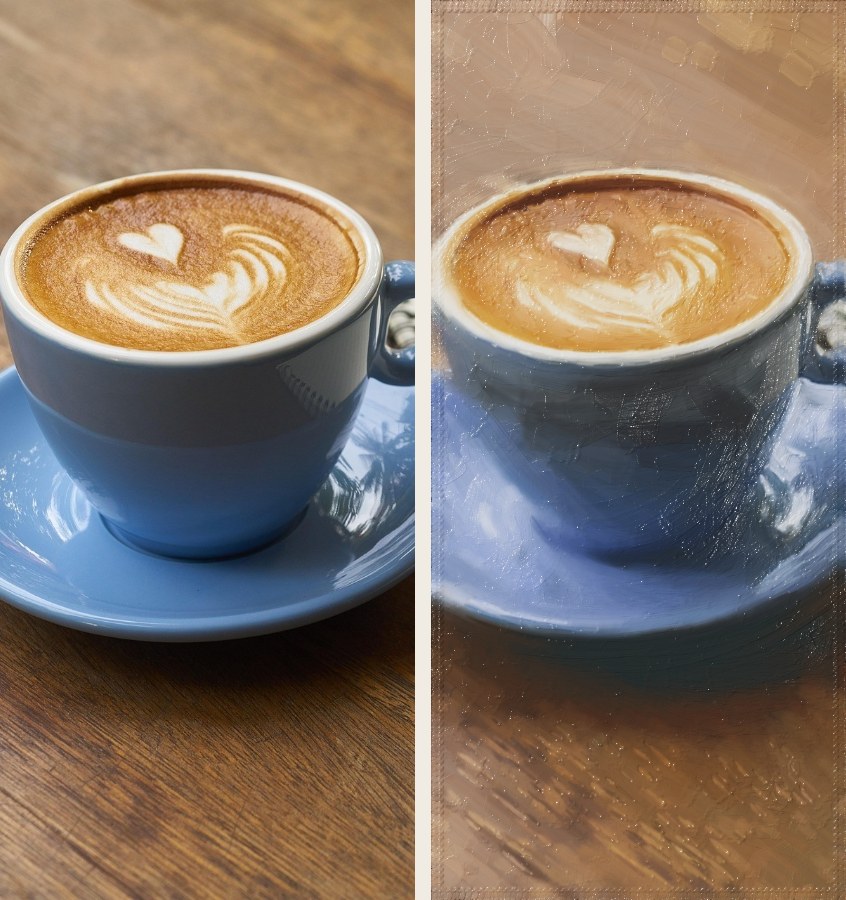 A photograph of a latte with a foam heart in a blue cup and saucer on a wooden table, and beside it the oil painting the engine made from it