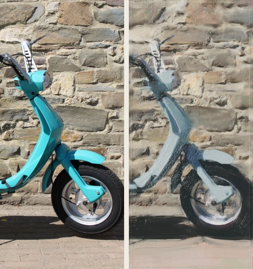 A photograph of the front of a turquoise scooter against a stone wall, and beside it the oil painting the engine made from it