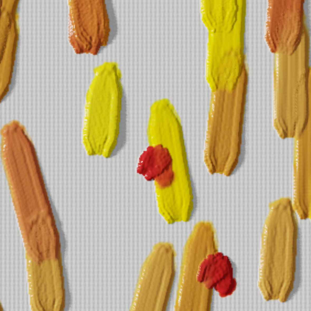 Short upright strokes of yellow and ochre, each standing off the canvas with its own shadow
